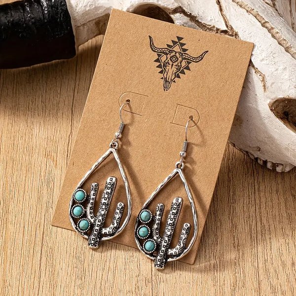 Silver-Plated Alloy Cactus w/Faux Turquoise w/Stainless Steel Leverback Earring Wires