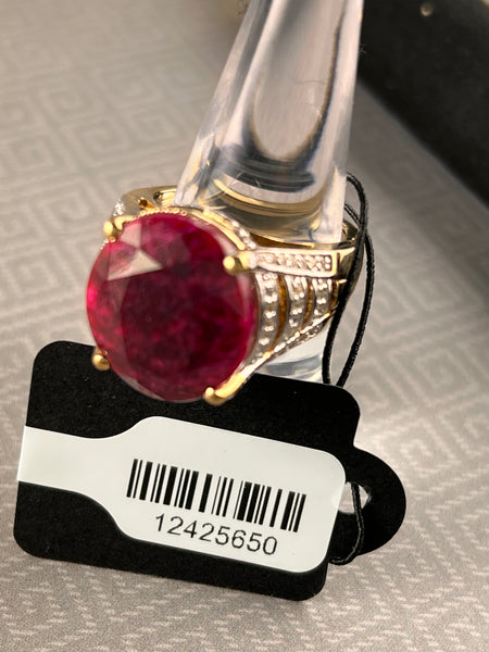 14kt Gold Plated Sterling Silver Two-Tone Ruby (Color Treated) w/White Topaz Accents Ring - Size 7.0