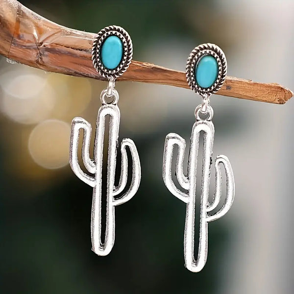 Silver-Plated Alloy Cactus w/Faux Turquoise Post Earrings