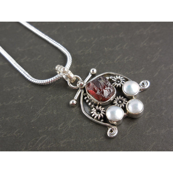 Garnet Rough & 3 Freshwater Pearls Sterling Silver Pendant/Necklace