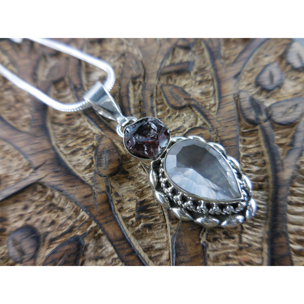 Rose Quartz and Garnet Rough Sterling Silver Pendant/Necklace