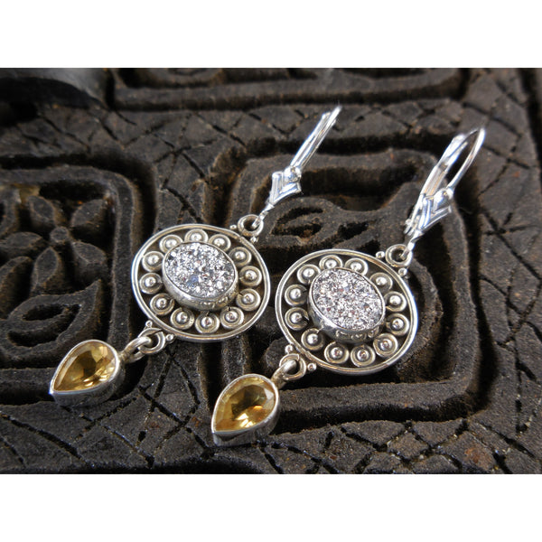 Silver Titanium Druzy Quartz & Citrine Gemstone Sterling Silver Earrings