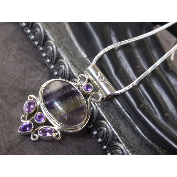 Fluorite & Amethyst Gemstone Sterling Silver Pendant/Necklace
