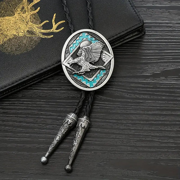 Turquoise Enamel Eagle Design Alloy Metal w/Leather Strap Bolo Tie