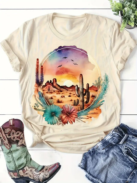 Desert Scene Cream Colored Shirt 54% Polyester/35% Rayon: Sizes S, M, L, XL, XXL