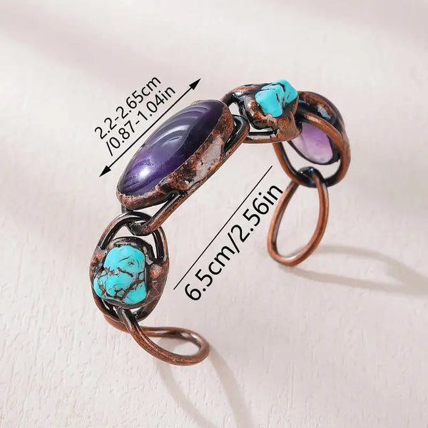 Antique Copper w/Amethyst Quartz & Turquoise 4 Stones Cuff Bracelet