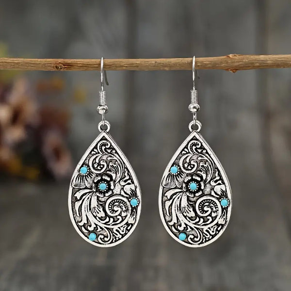 Silver Plated w/Faux Turquoise Paisley Earrings w/Stainless Steel Leverback Wires