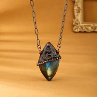 Large Labradorite Cabochon Antique Patina Copper Pendant w/Copper Chain w/Toggle Clasp