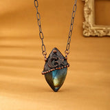 Large Labradorite Cabochon Antique Patina Copper Pendant w/Copper Chain w/Toggle Clasp