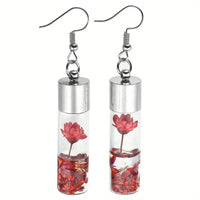 Glass Vial w/Flower w/Stainless Steel Leverback Wires Earrings:  Red Flower