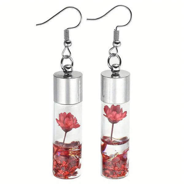 Glass Vial w/Flower w/Stainless Steel Leverback Wires Earrings:  Red Flower