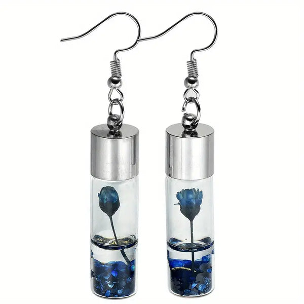 Glass Vial w/Flower w/Stainless Steel Leverback Wires Earrings:  Blue Flower