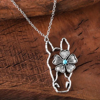 Horse w/Faux Turquoise & Flower Silver-Plated Alloy Pendant w/Stainless Steel Chain/Necklace