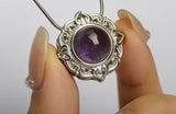 Natural Amethyst Cabochon Pendant w/Stainless Steel Snake Chain