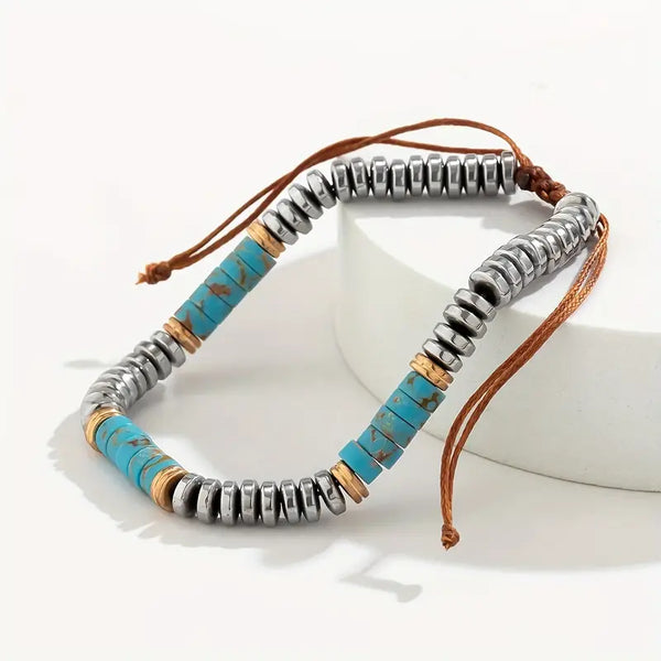 Heavy! Turquoise & Hematite Bead Two-Tone w/Adjustable Cord Bracelet