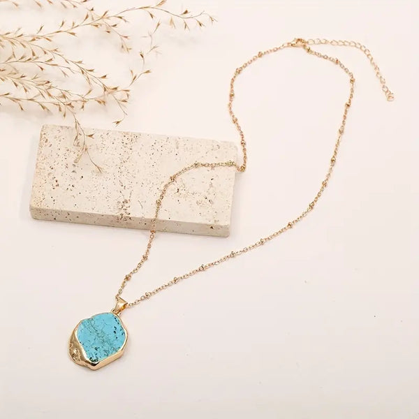 18kt Gold Electroplated Turquoise Stone w/Stainless Steel Chain Necklace: Gold-Plated