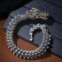 Heavy Silver-Plated Patina Brass Two-Tone Very Detailed Dragon w/Blue Crystal Eyes and Spring Opened Mouth Clasp Bracelet: 8.5"