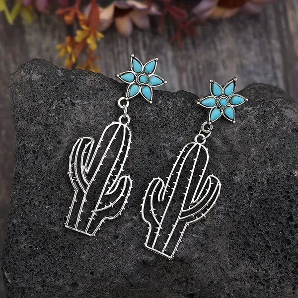 Silver Plated Alloy Hollow Cactus w/Faux Turquoise Flower Post Earrings