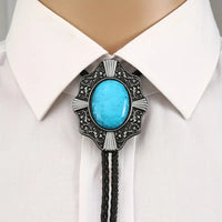 Large Faux Oval Turquoise Alloy Metal w/Leather Bolo Tie