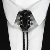 Country Music Guitar Alloy Metal w/Leather Strap Bolo Tie: Black
