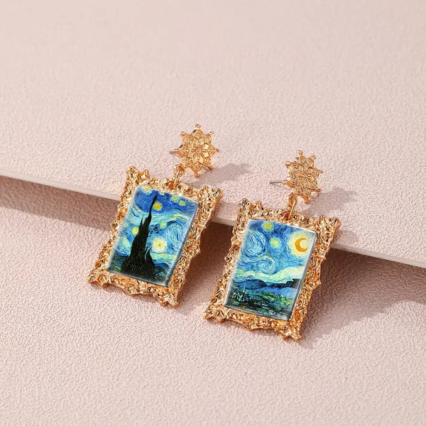 Gold-Plated Alloy Fan Art - Vincent Van Gogh "A Starry Starry Night" Painting Post Earrings