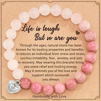 Rhodonite & Rose Quartz Bead w/Silver-Plated Heart Charm Stretch Bracelet