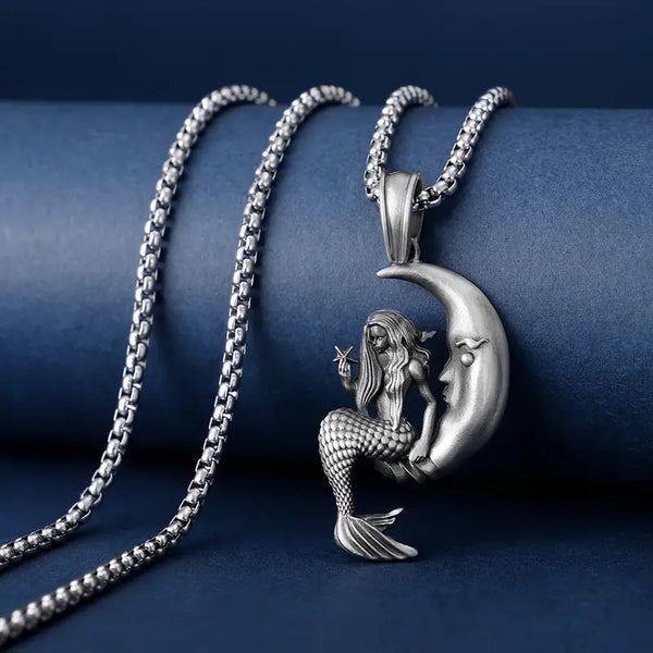 Mermaid Sitting On Crescent Moon Alloy Pendant w/Stainless Steel Box Chain