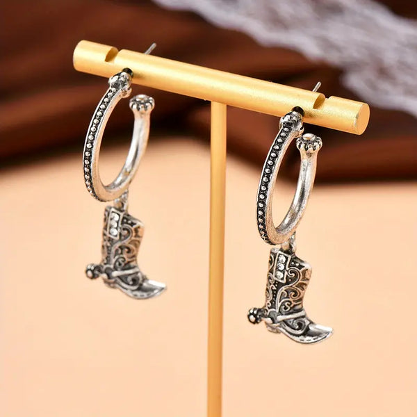 Silver-Plated Alloy Cowboy Boot Hoop Post Earrings