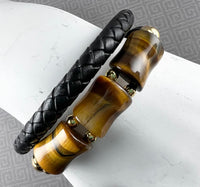 Gold-Plated Stainless Steel Double-Row Leather, Tigers Eye, Bracelet: 9"
