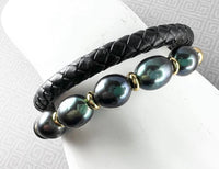 Peacock Freshwater Pearl Gold-Tone Stainless Steel & Leather Bracelet  - 9"