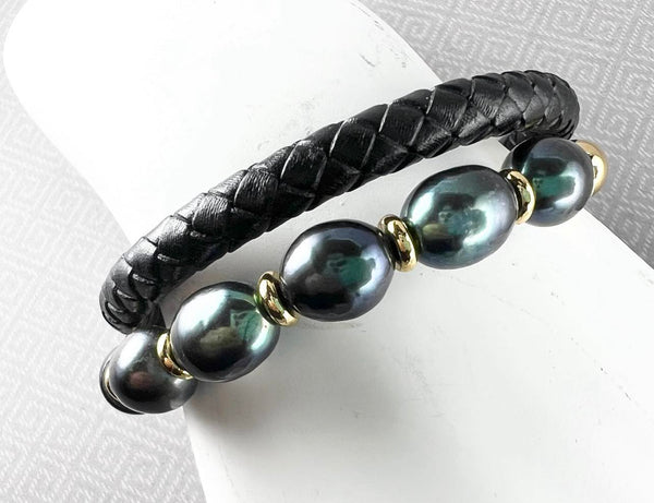 Peacock Freshwater Pearl Gold-Tone Stainless Steel & Leather Bracelet  - 9"