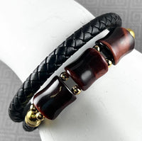 Gold-Plated Stainless Steel Double-Row Leather, Tigers Eye (Heat Treated-Red), Bracelet: 8"