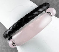 Rose Quartz Silver-Tone Stainless Steel & Single Strand Leather Bracelet  - 8"