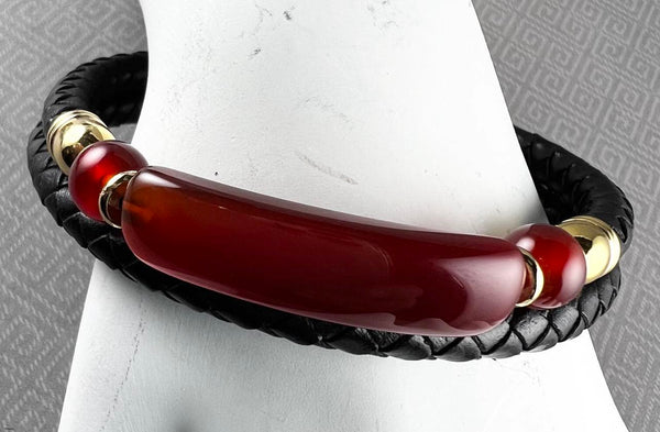 Natural Red Carnelian Gold-Tone Stainless Steel & Leather Bracelet  - 9"