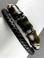 Gold-Plated Stainless Steel Double-Row Leather, Tigers Eye (Dark), Bracelet: 8"