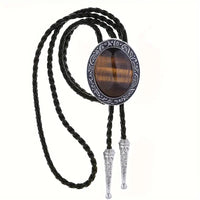 Large 2" long Tiger's Eye Cabochon Alloy Metal w/Leather Strap Bolo Tie