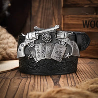 Cowboy Pistol & Cards Belt Buckle Alloy Metal & PU Faux Leather Belt - Black