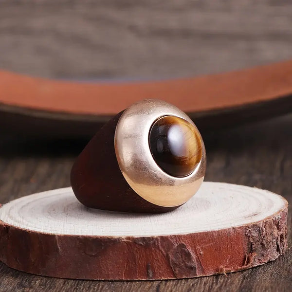 Wood & Gold-Plated Alloy w/Tigers Eye Cabochon Stone Ring: One Size-7