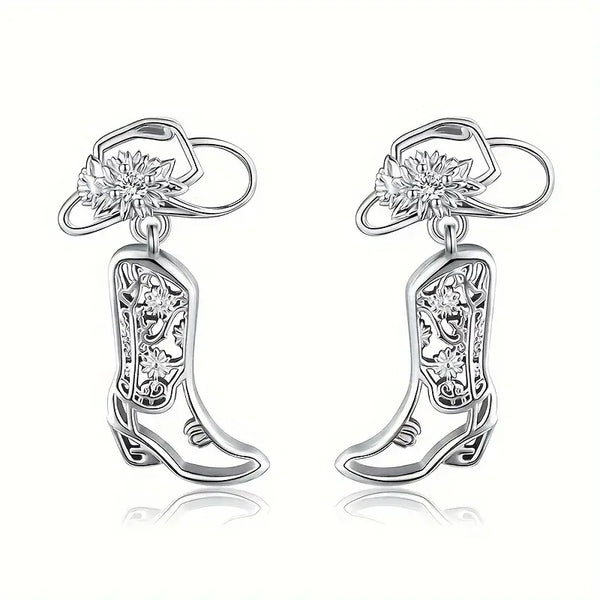Silver Plated Alloy w/CZ Cowboy Boots & Hat Post Earrings