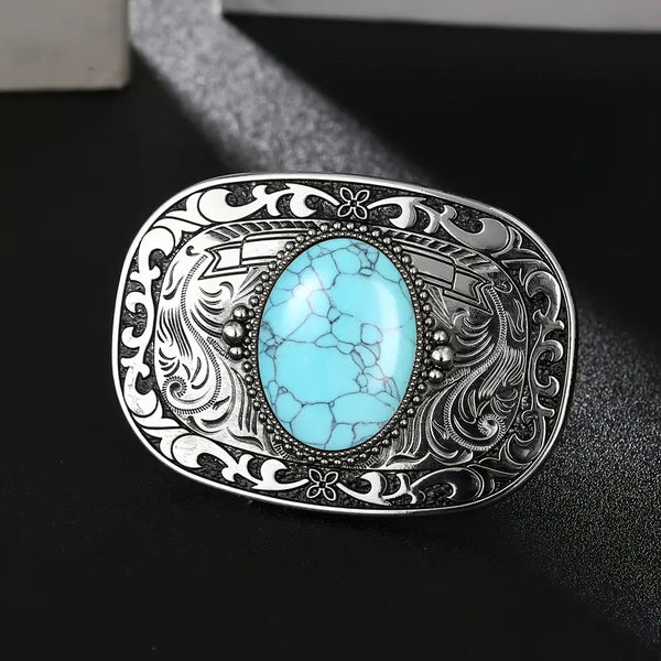 47" Alloy Metal w/Antique Plating Faux Turquoise Stone Belt Buckle and Real Leather Belt: Black