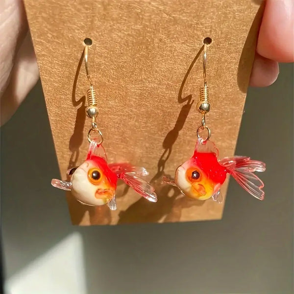 Whimsicle Resin Red Goldfish w/Stainless Steel Leverback Earring Wires: Gold-Tone