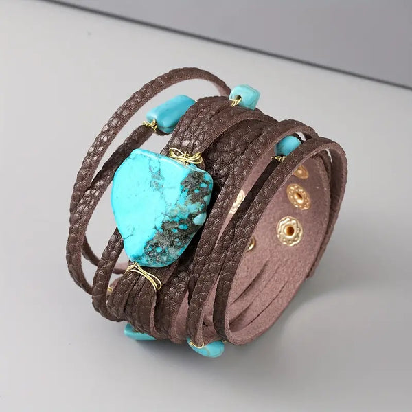 Faux PU Leather Turquoise Boho Bracelet w/Snap Closure