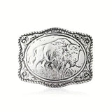 Silver-Plated Alloy Buffalo Belt Buckle w/Genuine 51" Black Leather Belt