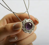 Natural Amethyst Cabochon Pendant w/Stainless Steel Snake Chain
