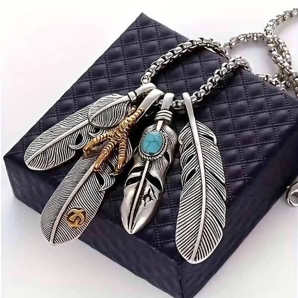Silver & Gold Plated Alloy w/Faux Turquoise 4-Feather Pendants & Stainless Steel Box Chain Necklace