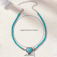 Faux Turquoise Heart Pendant & Natural Turquoise Beads Choker w/Antique Silver Plated Alloy Metal