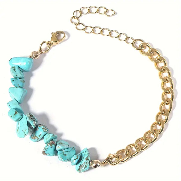 Natural Turquoise Bead w/Gold-Plated Stainless Steel Chain Adjustable Bracelet