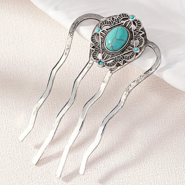 Faux Turquoise Silver Plated Alloy Hair Pin