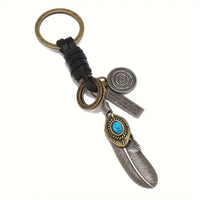Faux Turquoise & Leather w/Charms Rustic Keychain: Black