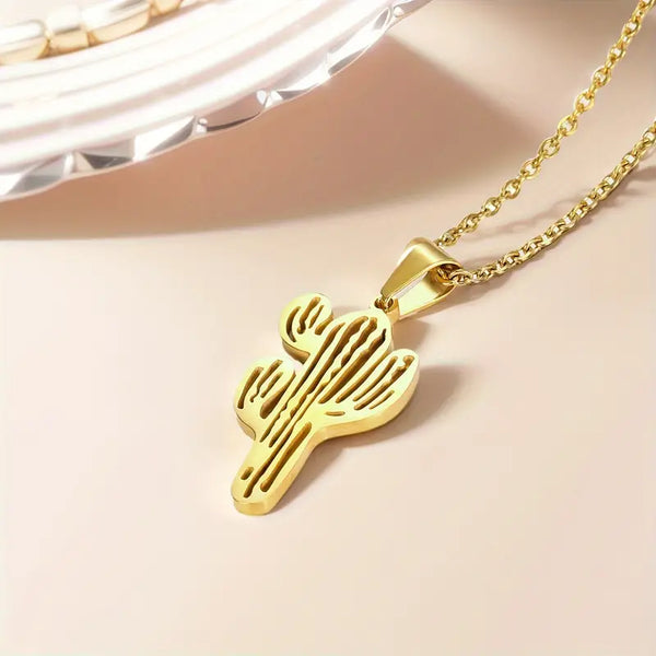 Larger + XL Stainless Steel Cactus Necklace: Gold-Tone
